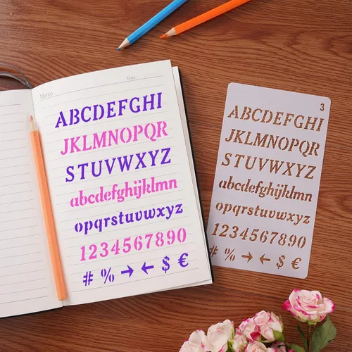 Vista 3 de Plantillas de letras – Paquete de 12, 4 x 7 pulgadas, plantillas de plástico reutilizables del alfabeto para diario de viñetas, decoración