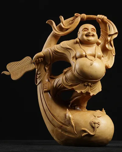 Vista 2 de Estatua de Buda Maitreya Maitreya tallada a mano de boj natural (ventilador de bolsa de tela)