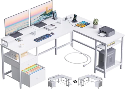 Vista 12 de Furologee Escritorio para computadora en forma de L con toma de corriente, escritorio reversible de oficina en casa para estudio de trabajo, mesa