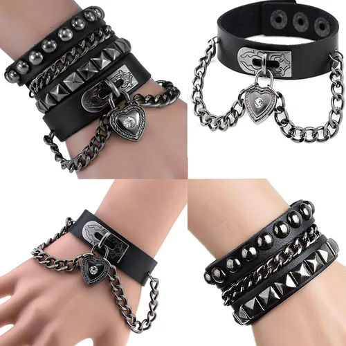 Vista 3 de Rivet Bracelet Multilayer Black Leather Cuff Heart Pendant Bangle Studded Chain Wrist Punk Sports Rock Bracelet Adjustable