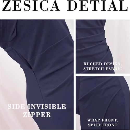 Vista 4 de ZESICA Vestido de cóctel de manga larga con un hombro para mujer, sexy, con abertura lateral, fruncido, entallado, para fiesta de boda