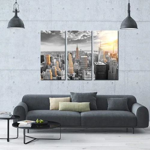 Vista 3 de LevvArts Lienzo grande de 3 piezas de arte de pared moderno en blanco y negro NYC en dorado al atardecer, póster de paisaje urbano enmarcado