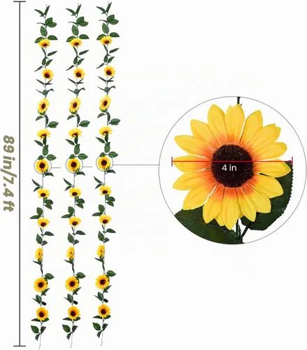 Vista 4 de DearHouse Paquete de 3 guirnaldas de girasoles artificiales de seda con hojas verdes para mesa de boda, decoración del hogar