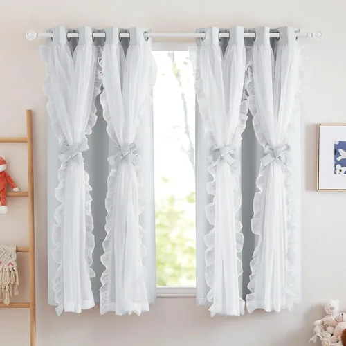 Vista 33 de PONY DANCE Cortinas con Volantes de Doble Capa con Superposición Transparente, Decoración Elegante para Ventanas de Diseño Rústico Francés de Campo