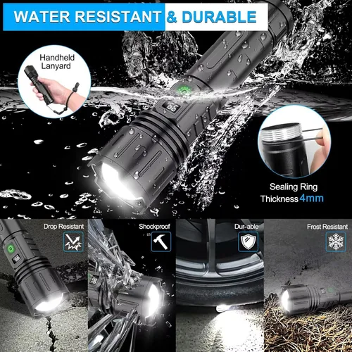 Vista 2 de Linternas LED recargables de alto lúmenes, linterna táctica recargable súper brillante de 1500 metros y alto lúmenes con 5 modos, impermeable
