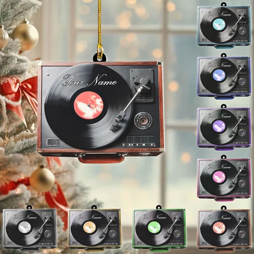 Vista 14 de Adorno de Navidad personalizado, máquina de discos de vinilo, adorno plano 2D, adorno para tocadiscos, instrumento musical, decoración de árbol