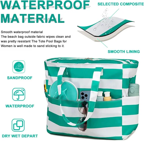 Vista 6 de Bolsa de playa y piscina para mujer, grande, bolsa de gimnasio con compartimento húmedo para viajes, impermeable