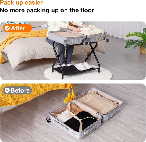 Vista 8 de Heybly Portaequipajes, paquete de 2, soporte plegable de acero para maleta con estante de almacenamiento para dormitorio, hotel, marco de acero