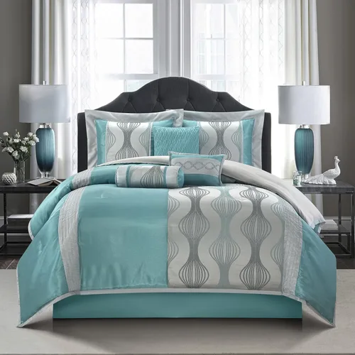 Vista 14 de Grand Avenue - Juego elegante de edredón negro y dorado, a rayas, 7 piezas de juego de cama de jacquard con edredón para todas las estaciones