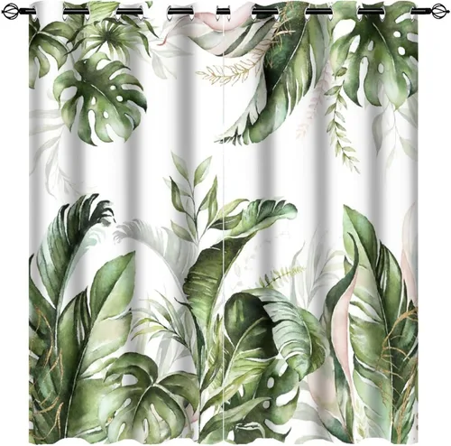 Vista 45 de Cortinas abstractas de hojas tropicales, acuarela tropical, hojas de palma, verano hawaiano, plátano, aislamiento térmico, cortinas completas