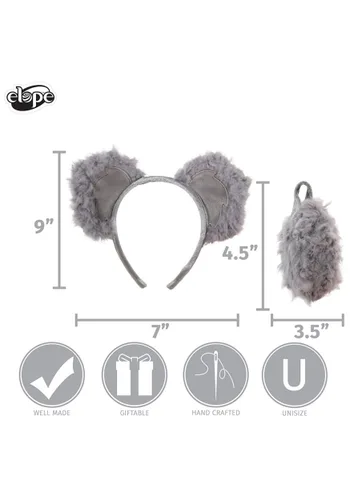 Vista 5 de Kit de Diadema con Orejas y Cola de Koala Gris para Adultos Multicolor