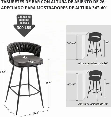 Vista 2 de BV - Juego de 2 taburetes de bar de altura de mostrador, taburetes de bar de altura de asiento de 26 pulgadas, taburetes de bar giratorios de 180°