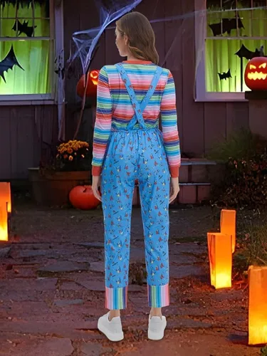 Vista 6 de Disfraz de dibujos animados de Halloween para mujer, overol azul y camisa a rayas
