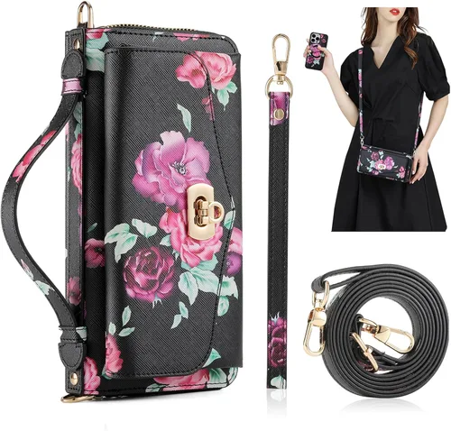 Vista 11 de Funda tipo cartera cruzada para iPhone 16 Pro de 6.3", funda magnética desmontable de piel sintética floral con tarjetero con bloqueo RFID, pulsera