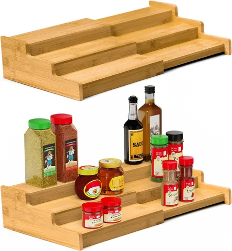 Vista 10 de VenDotbi Estante de especias, organizador de especias de bambú expandible de 3 niveles para gabinete, organizador de almacenamiento de cocina