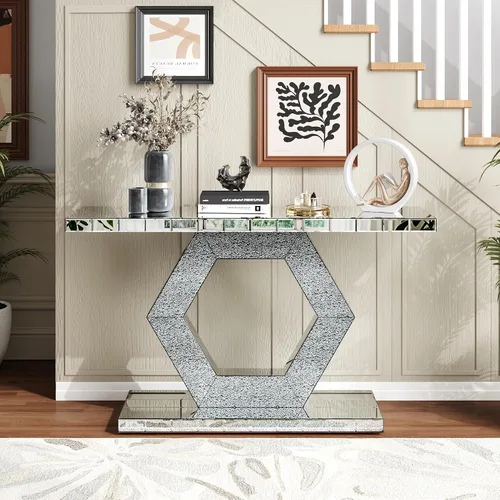 Vista 27 de Mesa Consola Negra con Espejo, Mesa de Sofá de Cristal Rectangular de 48 pulgadas con Elementos Tallados Vintage con Espejo, Muebles de Espejo
