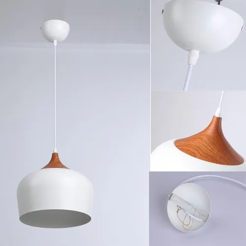 Vista 8 de SUNLLOK Lámpara colgante blanca moderna, con patrón de madera, cúpula minimalista hacia abajo, lámpara colgante de techo, lámpara industrial