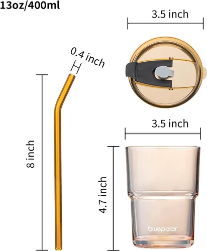 Vista 4 de BLUEPOLAR Vaso de Agua de Vidrio de 13oz/400ml con Pajita y Tapa Sellada para Llevar Pared Gruesa Taza de Café Helado Vaso de Vidrio para Agua, Té
