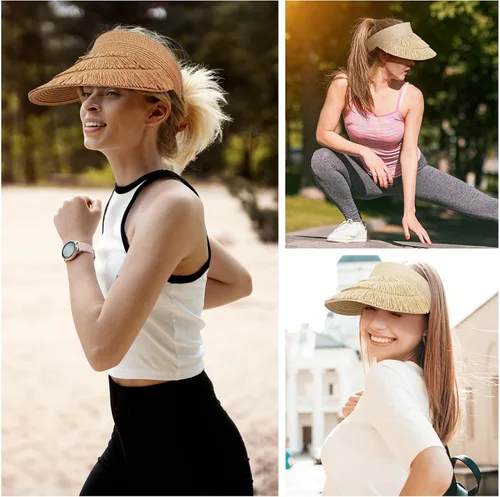 Vista 4 de Sombrero de paja con protección UV, visera de playa, sombrero de ala ancha, estampado de leopardo, enrollable, plegable para mujer