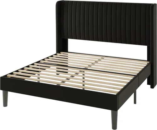 Vista 9 de Allewie - Base de cama tamaño Full con cabecera tapizada en terciopelo y diseño acanalado vertical; plataforma de cama tapizada; listones de madera