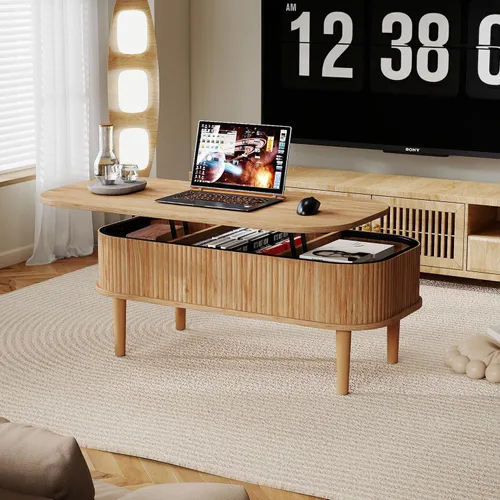 Vista 5 de Mesa de centro acanalada con tapa elevable y almacenamiento oculto, mesa de centro ovalada con tapa elevable, diseño moderno de mediados de siglo