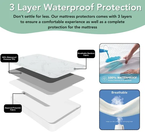 Vista 4 de Protector de colchón de rayón de bambú con cremallera + 1 protector de almohada, 100% impermeable, refrescante, tamaño individual, tela ultrasuave