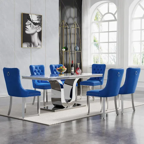 Vista 53 de Juego de 4 mesas de comedor blancas y doradas, mesa de cocina rectangular de 68 pulgadas con parte superior de mármol sintético blanco, mesa de Mesa