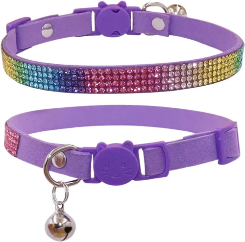 Vista 8 de THAIN Bling cat Collar de gatito Rainbow Rhinestone Breakaway Diamond con campana Terciopelo suave liberación rápida (negro)