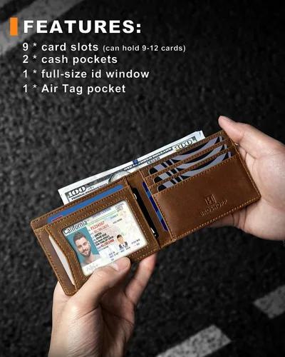 Vista 2 de Billetera AirTag para hombre, de piel auténtica plegable con bloqueo Rfid AirTag con ranuras para efectivo y ventana de identificación, compatible