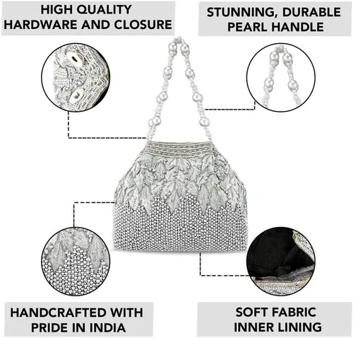 Vista 3 de Aheli Potli - Bolsas de noche para mujer, bolso de mano étnico para novia con cordón (P66S), plateado