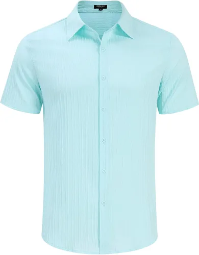 Vista 5 de TURETRENDY Camisas de lino para hombre de manga corta con botones para playa