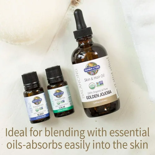 Vista 3 de Garden of Life Aceite de jojoba 100% orgánico y puro aceite de jojoba dorado para cabello, piel y cara, aceite corporal de jojoba prensado en frío