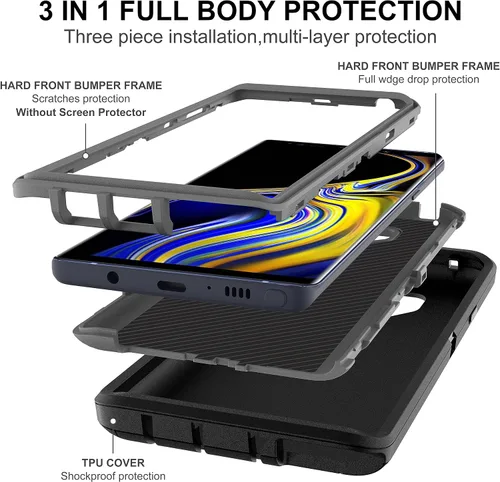 Vista 3 de Funda para Galaxy Note 9 con protector de pantalla de TPU [2 unidades], 3 en 1, protección resistente a los golpes, color negro y gris