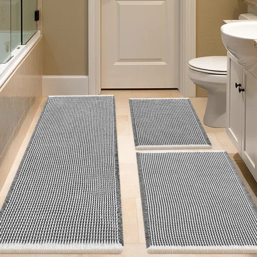 Vista 32 de IM HOME Tapete de baño de punto gofre, color caqui, de 24 x 17 pulgadas, tejido bohemio, moderno, absorbente, antideslizante, suave, lavable