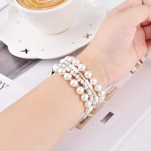 Vista 6 de VISOOM Beaded Boho Samsung Galaxy Watch 9 8 7 6 5 4 Bands 40/42/44mm Women Blanco