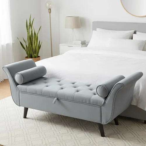 Vista 11 de Banco de terciopelo para dormitorio al pie de la cama, banco otomán tapizado con botones capitoné de 60.5 pulgadas con brazos curvos, otomán