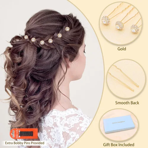 Vista 2 de Juego de 6 horquillas estilo Bobby con diamantes de imitación brillantes para bodas (dorado)