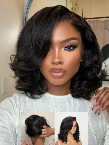 Vista 11 de Nadula Peluca Bob Recta Yaki Degradado Marrón Castaño con Cordón de Cabello Humano - Sin Pegamento Precortada 13X4 HD Pre Todo Peluca Frontal