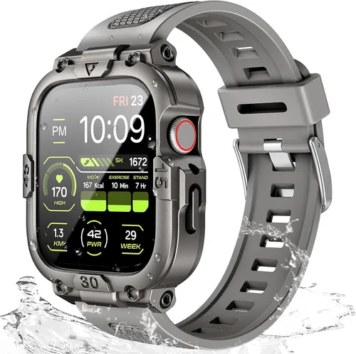 Vista 9 de Dsytom Funda impermeable con correa compatible para Apple Watch de 45mm 44mm 41mm 40mm para hombres, correa de reloj inteligente resistente