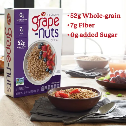 Vista 5 de Grape-Nuts Cereal de desayuno original, cereal crujiente de trigo integral y cebada, proyecto verificado sin OMG, caja de 20.5 onzas
