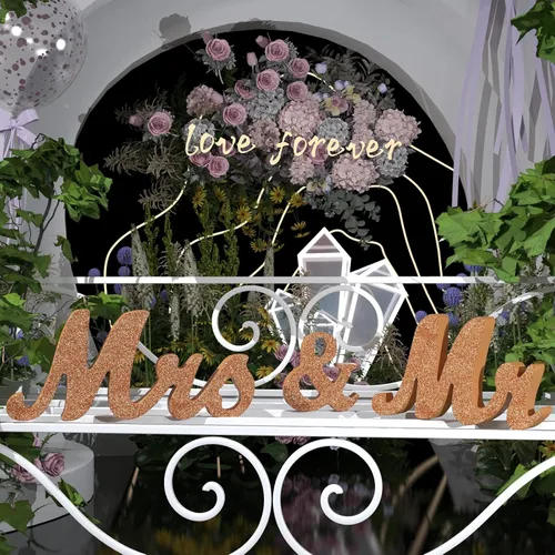 Vista 7 de Señal de Mr & Mrs para mesa de boda, letrero grande de madera de oro rosa con texto en inglés "Mr and Mrs & Just Married", decoración de mesa