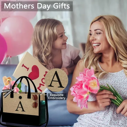 Vista 5 de YOOLIFE Bolsa de yute con inicial con bolsa de maquillaje, bolsa de playa con cremallera ajustable para el día de la madre, regalos de cumpleaños