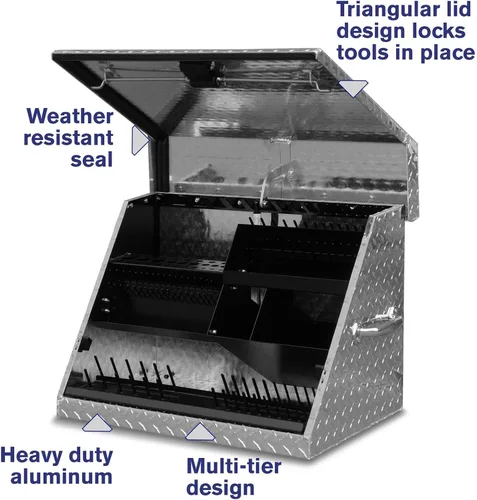 Vista 4 de Montezuma Caja de herramientas triangular de acero resistente de 26" x 18" (aluminio, brite)
