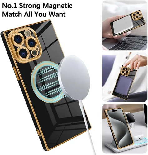 Vista 3 de OOK Funda magnética para iPhone 15 Pro Max [compatible con Magsafe] Protección completa de la cámara, borde chapado en oro, TPU suave, antiarañazos