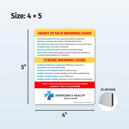 Vista 3 de Safety Magnets by ZOCO – Paquete de 100 señales de advertencia de ataque cardíaco y accidente cerebrovascular personalizado para nevera – Folleto