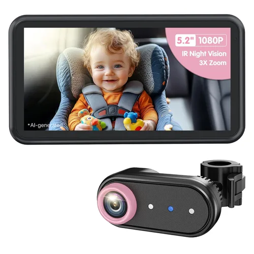 Vista 12 de LUCKVIEW BM2A - Cámara de coche para bebé, zoom 3X para ver al bebé claramente, pantalla 1080P de 5.2 pulgadas y visión nocturna IR automática