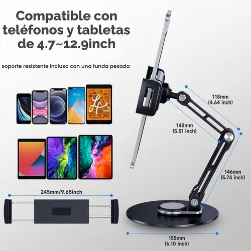 Vista 5 de Soporte para tableta para iPad, ajustable con base giratoria de 360 grados para escritorio, soporte giratorio de aluminio para tableta compatible
