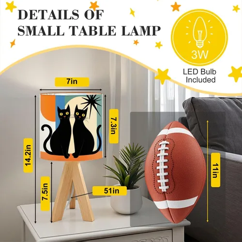 Vista 2 de Tripod Table Lamp Mid Century Modern Black Cat Retro Atomic Halloween Bedside Lamps Small Lamp Nightstand Lamp with Linen Lampshade Table Lamps for