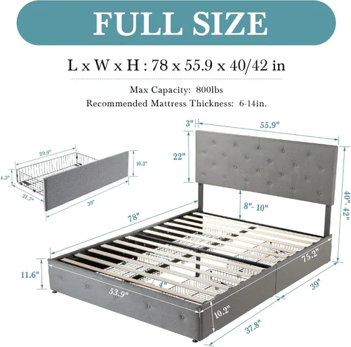 Vista 2 de HOOMIC Base de cama de almacenamiento de plataforma de tamaño matrimonial con 4 cajones y cabecera ajustable, listones de madera, no necesita Gris