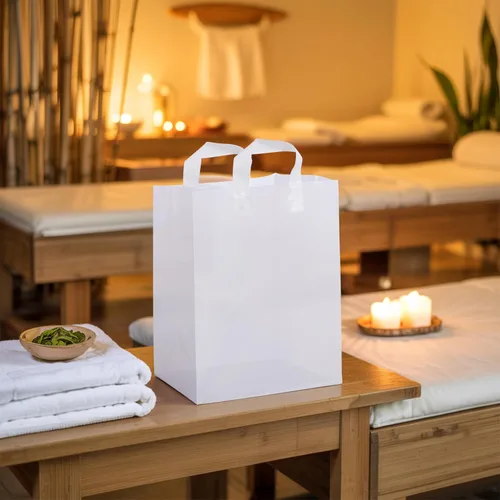 Vista 5 de Bolsas de plástico blancas Prime Line Packaging, bolsas de regalo para compras con asas para pequeñas empresas, comestibles, servicio de alimentos